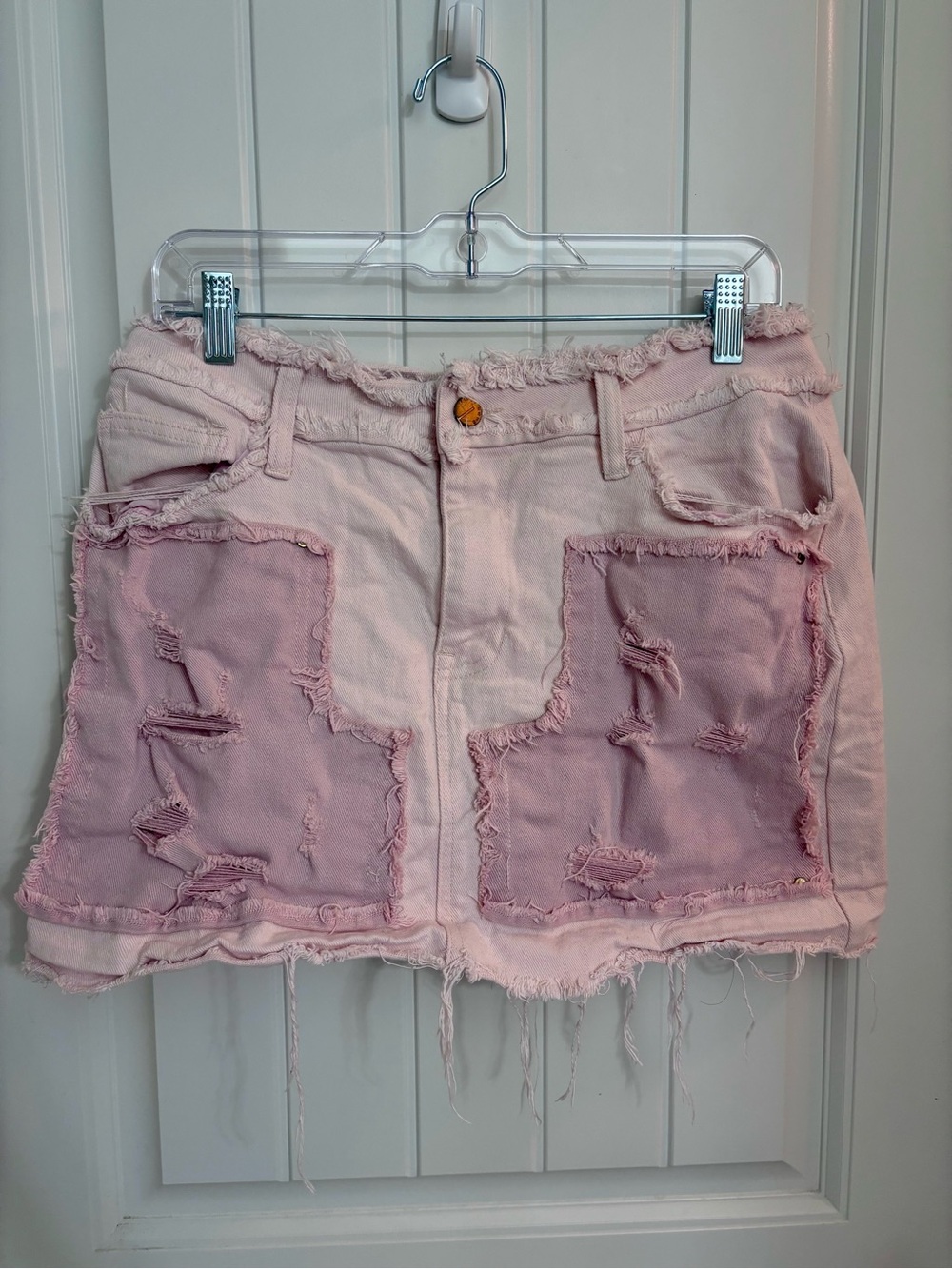 Pink Distressed Patchwork Mini Skirt